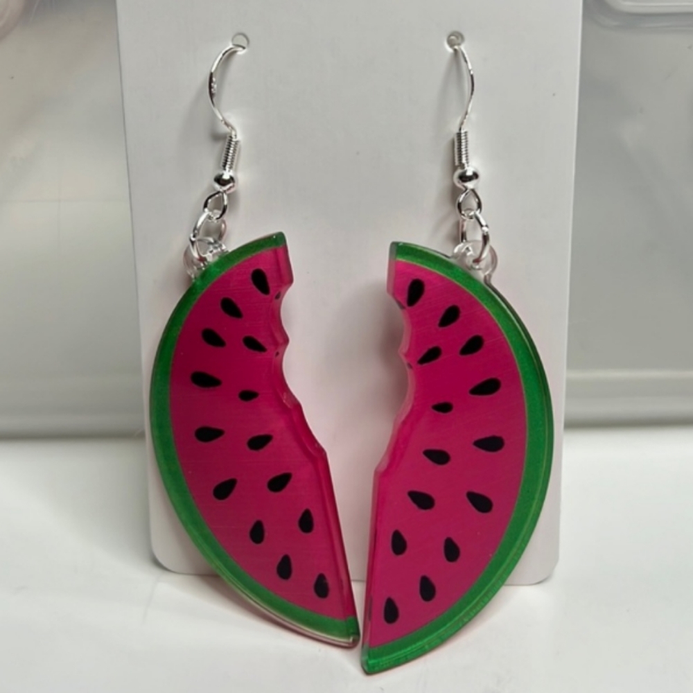 CUTE, LIGHTWEIGHT WATERMELON WEDGE EARRINGS WITH STERLING SILVER EAR WIRES - Picture 1 of 1